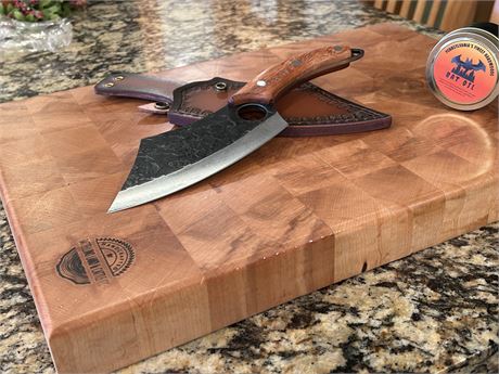 XL End Grain MAPLE cutting board w/ Loki knife & Bat Oil wood finish